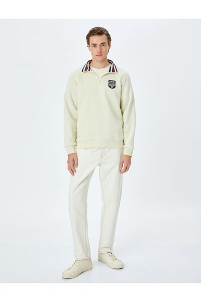 Koton New Season Printed Cotton Blend Collar Detailed Hooded Half Zipper Sweatshirt