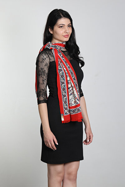 Mystic Ekru Kırmızı Renk Medine İpek Eşarp Şal