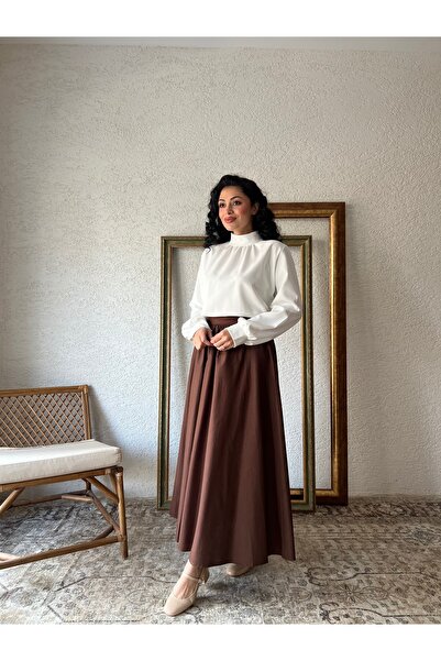 KÜÇÜĞÜM BUTİK Fusta din popelin evazată cu șnur maro