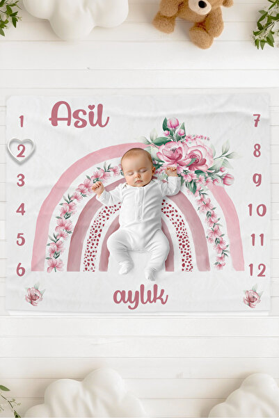 Lilabio %100 Pamuk İsme Özel Bebek Fotoğraf Çekim Anı Örtüsü (120x100 cm) Çiç...