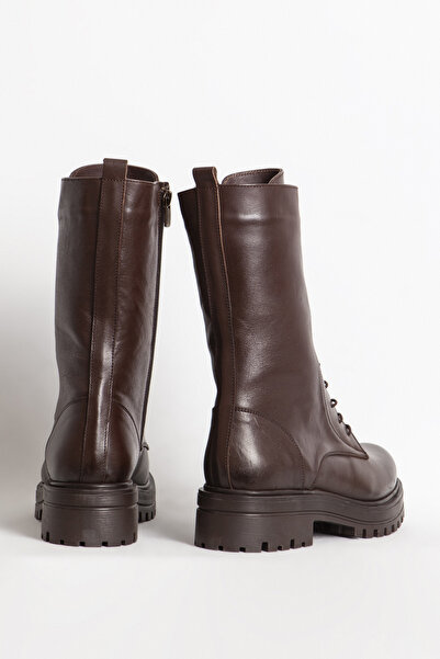Dericlub Γυναικείες μπότες από γνήσιο δέρμα - μπότες με χοντρή σόλα και φερμουάρ, καφέ BR 66159