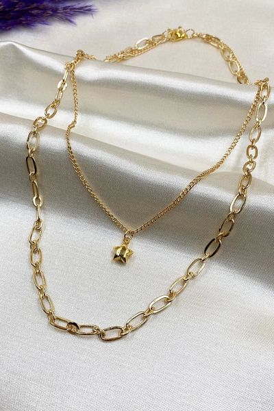 Eylülün Takısı Gold Color Double Chain Star Necklace