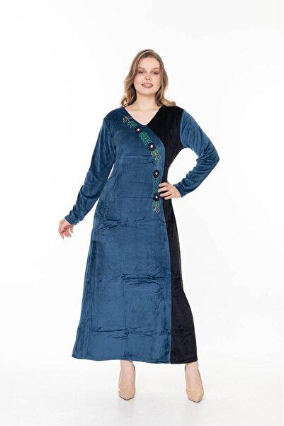 mervemoda Women's Pink Collar Embroidery Detailed Velvet Dress