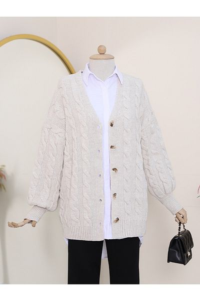 Modamorfo Knitwear Cardigan - Braided and Buttoned, Stone Color