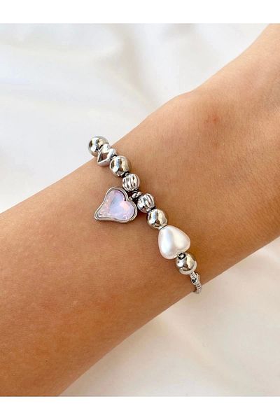 Eylülün Takısı Women's Silver Color Pink Stone Heart Model Multiple Charm Bracelet