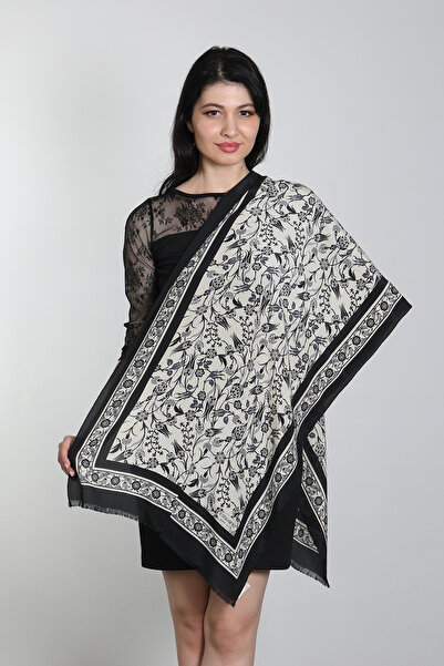 Mystic Ekru Siyah Renk Medine İpeği Eşarp Şal