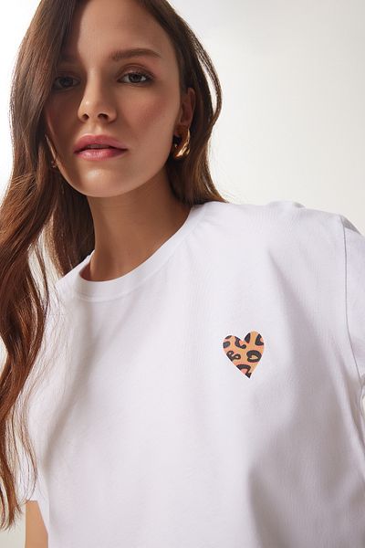 Lovelyİstanbul Tricou din bumbac imprimat cu inimă albă - scurt tricotat LAN0024