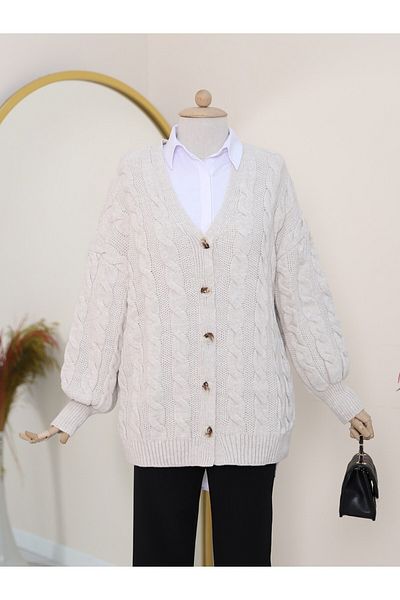Modamorfo Knitwear Cardigan - Braided and Buttoned, Stone Color