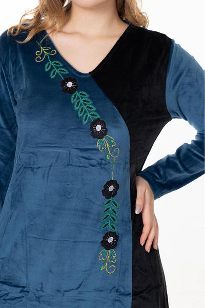 mervemoda Γυναικείο βελούδινο φόρεμα με κέντημα με ροζ πέτο