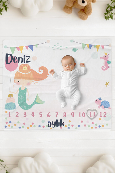 Lilabio %100 Pamuk İsme Özel Bebek Fotoğraf Çekim Anı Örtüsü (120x100 cm) Denizkızı