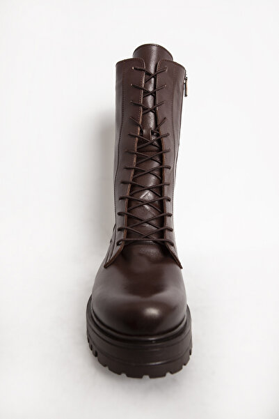 Dericlub Γυναικείες μπότες από γνήσιο δέρμα - μπότες με χοντρή σόλα και φερμουάρ, καφέ BR 66159