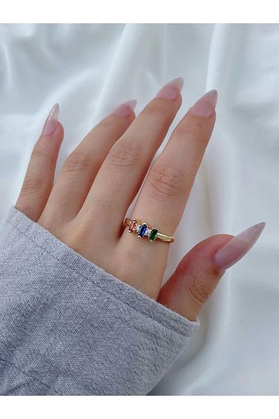 Eylülün Takısı Women's -GoldColored, Adjustable Three Stone Detailed Ring