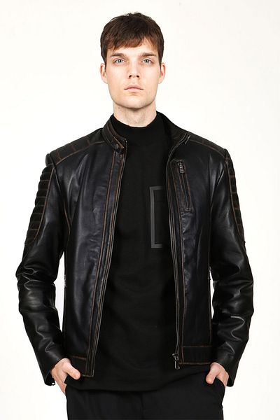 Dericlub Livorno Men's Wipe Large Size Hooded Genuine Leather Coat Black/Tan