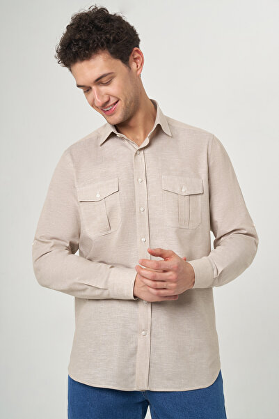 Bisse Regular Fit Uzun Kollu Bej Spor Erkek Gömlek