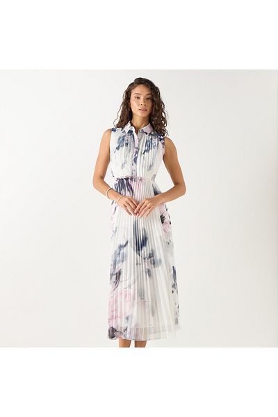 Iconic Printed Sleeveless Midi Dress With Collar And Pleated Detail