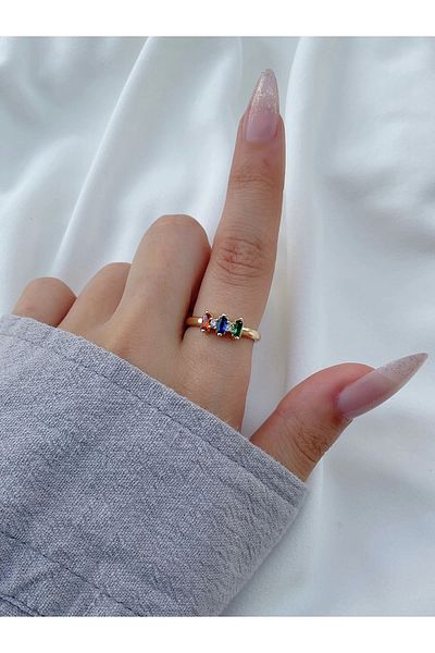 Eylülün Takısı Women's -GoldColored, Adjustable Three Stone Detailed Ring