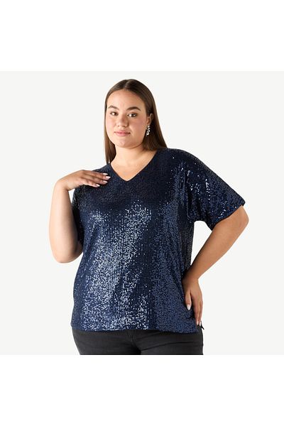 Ulla Popken SEQUINED SHORT SLEEVE V NECK TEE