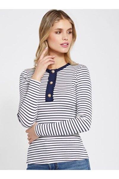 Kübra Tekstil Темно-синя смугаста блузка Nervurlu на ґудзиках верхня блузка Смугаста блузка Жіночі моделі блузок