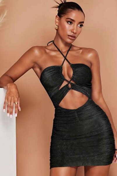 Hipo Trend Dekolteli Simli Fantazi Siyah Elbise