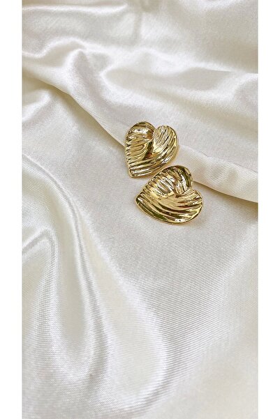Eylülün Takısı Gold Colored Patterned Heart Medium Size Women's Earrings