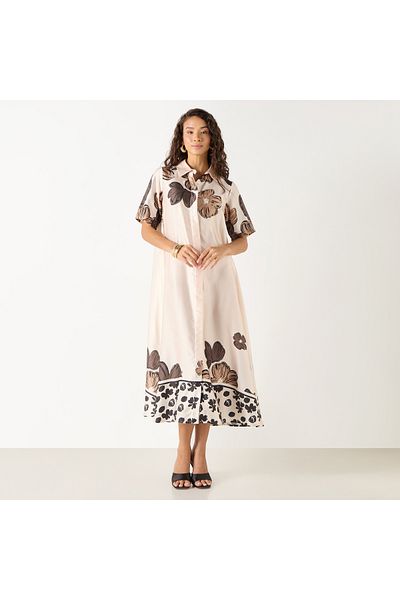 Iconic Floral Print Shirt Dress With Collar And Short Sleeves