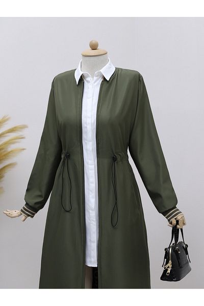 Modamorfo Khakifarbener Tunnel-Trenchcoat mit Taschen und Schnürung an der Taille