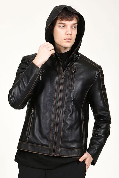 Dericlub Livorno Men's Wipe Large Size Hooded Genuine Leather Coat Black/Tan