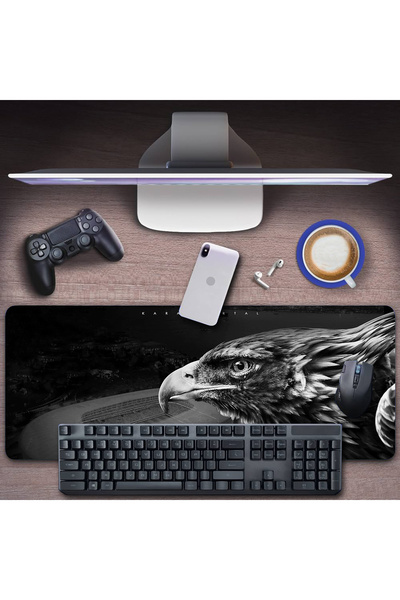 AsMat Paw Kara Kartal Takım Temalı Gamer Kaymaz Masa Üstü Oyun Ve Rahat Çalışma Klavye Mause Padi 70*32 Cm