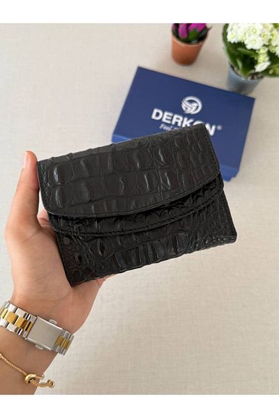 DERKON Melen Crocodile Patterned Black Women's Wallet - Genuine Leather, Size to Fit
