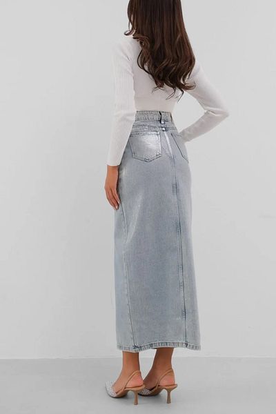 lovebox Fusta maxi denim albastră cu fantă imprimată cu folie pentru femei 23w02028