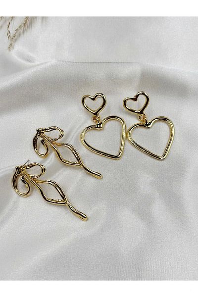 Eylülün Takısı Women's Gol Color 2 Pairs Dangle Heart and Bow Earrings