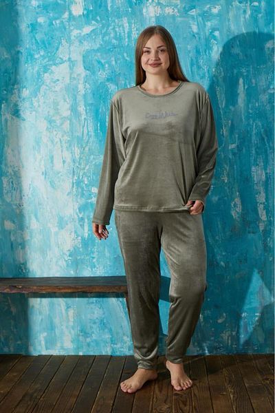 Pemilo Women's 13212-1 Plus Size Velvet Pajama Set APPLE GREEN