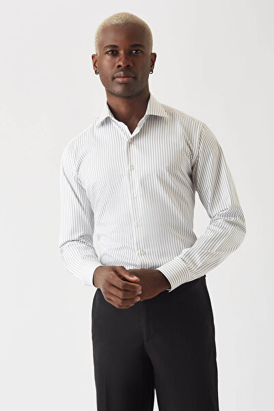 Bisse قميص رجالي كلاسيكي باللون الرمادي بأكمام طويلة