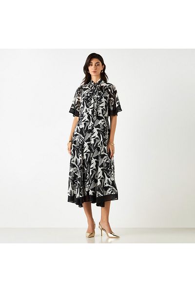 Iconic All-over Print A-line Midi Dress With Pussy Bow Neck
