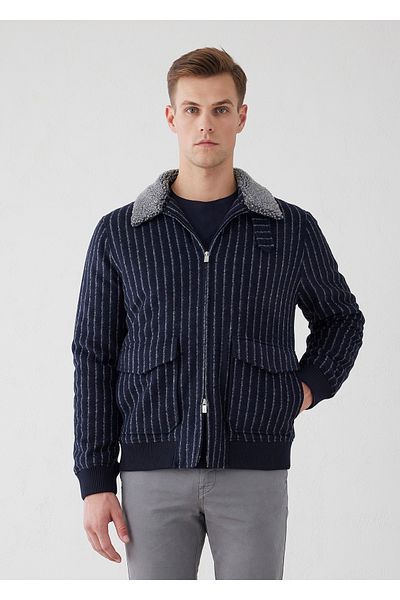 Boris Becker Navy Blue Striped Wool Coat