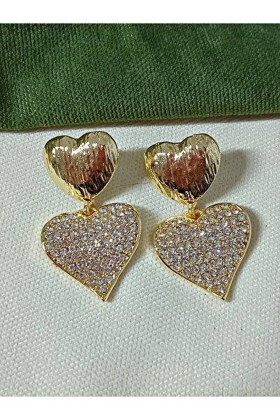 mos&more Gold Çift Kalp Zirkon Taşlı Abiye Günlük Kadın Küpe