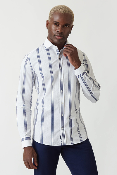 Bisse Slim Fit Uzun Kollu Lacivert Çizgili Erkek Gömlek