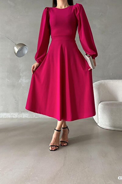 Deafox Fukszia léggömb ujjú, bő nyakú, alap Midi méretű importált krepp szövet ruha