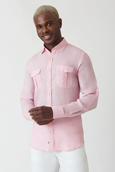Bisse Slim Fit Long Sleeve Pink Linen Men's Shirt