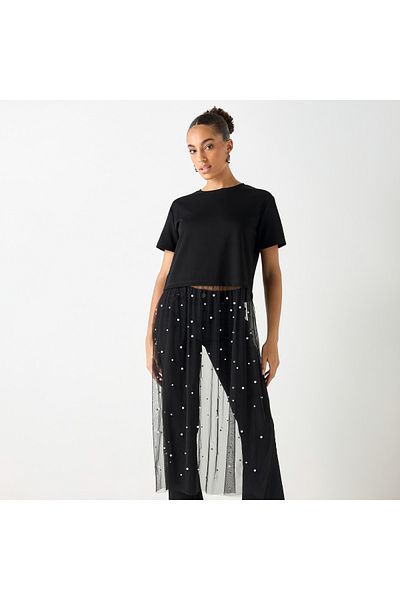 2Xtremz Pearl Embellished Crew Neck Top With Mesh Overlay