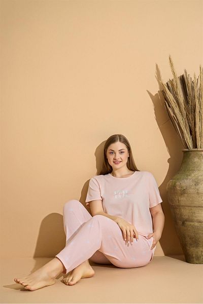Pemilo Women's 2560-5 Large Size Short Sleeve Pocket Pajama Set Powder