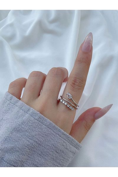 Eylülün Takısı Silver Colored Stone Detailed Women's Three Laps Ring