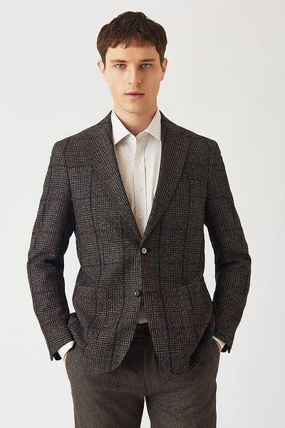 Bisse Men's Modern Fit Mono Collar 2-Button Double Slit Jacket Brown