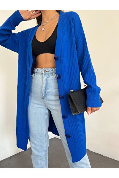 Modamorfo Cardigan lung din tricot cu nervuri - albastru, nasturi