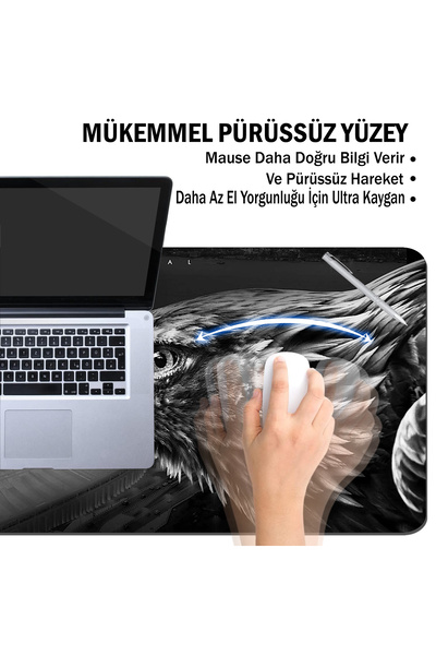 AsMat Paw Kara Kartal Takım Temalı Gamer Kaymaz Masa Üstü Oyun Ve Rahat Çalışma Klavye Mause Padi 70*32 Cm