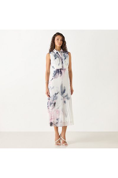 Iconic Printed Sleeveless Midi Dress With Collar And Pleated Detail