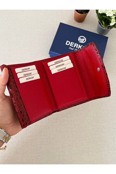 DERKON Red Melen Genuine Leather Women's Wallet with Crocodile Pattern - Size to Fit