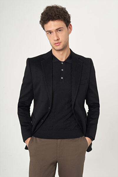Bisse Erkek Modern Fit Mono Yaka 2 Düğmeli Çift Yırtmaçlı Ceket Sıyah