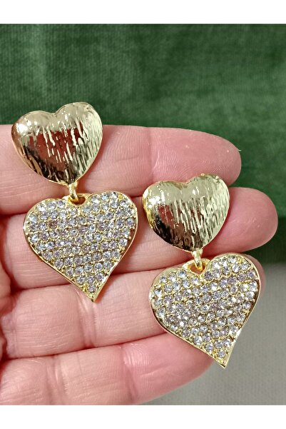 mos&more Gold Çift Kalp Zirkon Taşlı Abiye Günlük Kadın Küpe