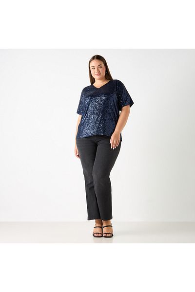 Ulla Popken SEQUINED SHORT SLEEVE V NECK TEE